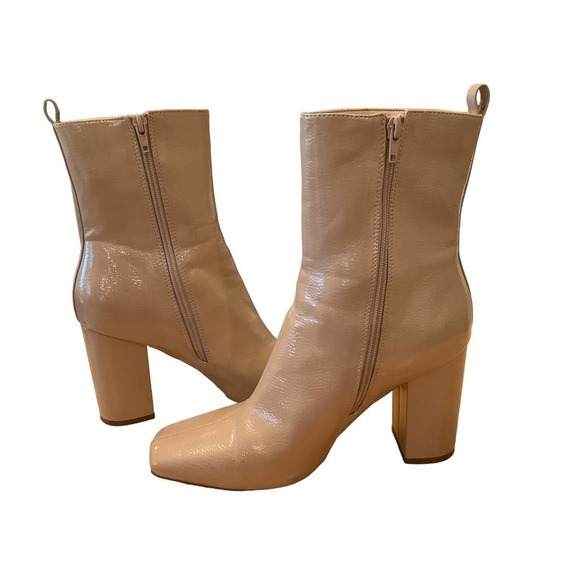 SHEIN TEXTURED TAN PATENT LEATHER MID CALF BOOTIES 10 - Picture 1 of 8